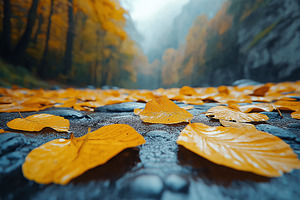 Close-up of vibrant orange autumn leaves scattered on a misty forest floor., a Background Photo by ImageMir