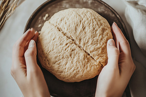 Hands hold round piece of raw bread, a Food & Drink Photo by MistyDay