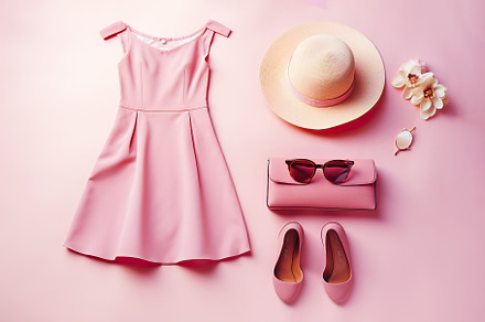 A pink dress, hat, sunglasses, and purse on a pink background cr, a Beauty & Fashion Photo by OSORIOartist