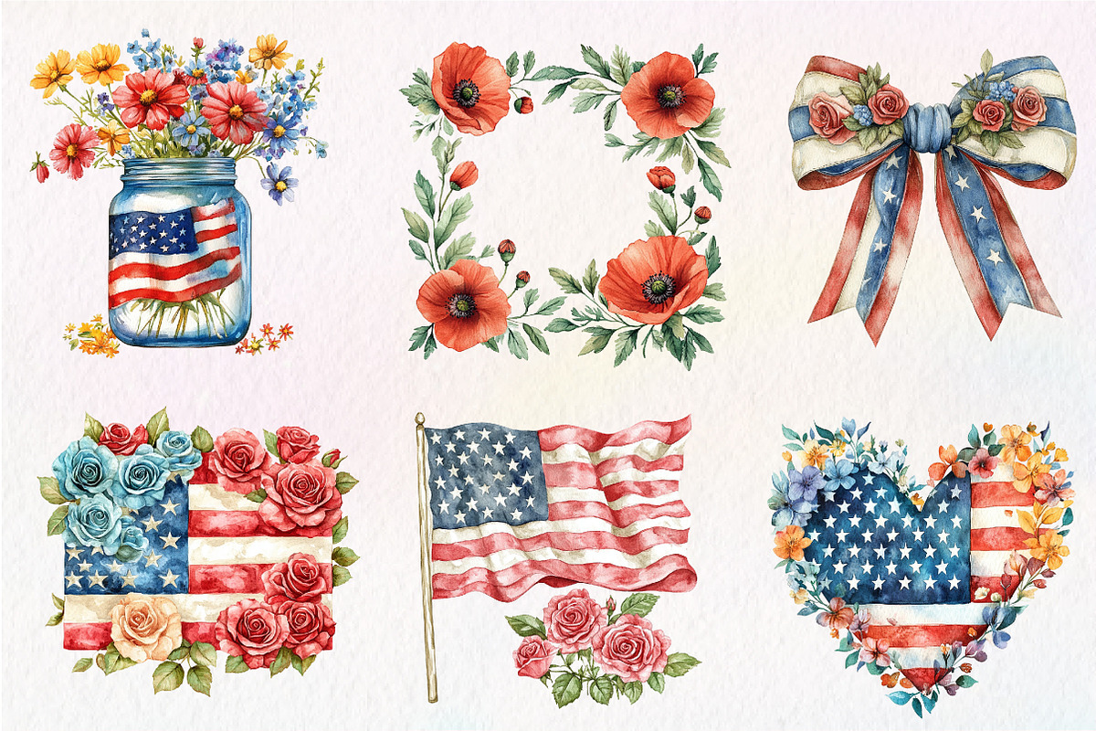 Floral American Flag Clipart, an Illustration by CreationArt (Photo 2 of 9)