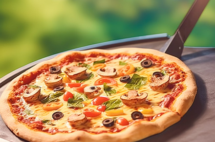 Pizza capricciosa homemade outdoors in the garden, online delive, a Photo by Anneleven