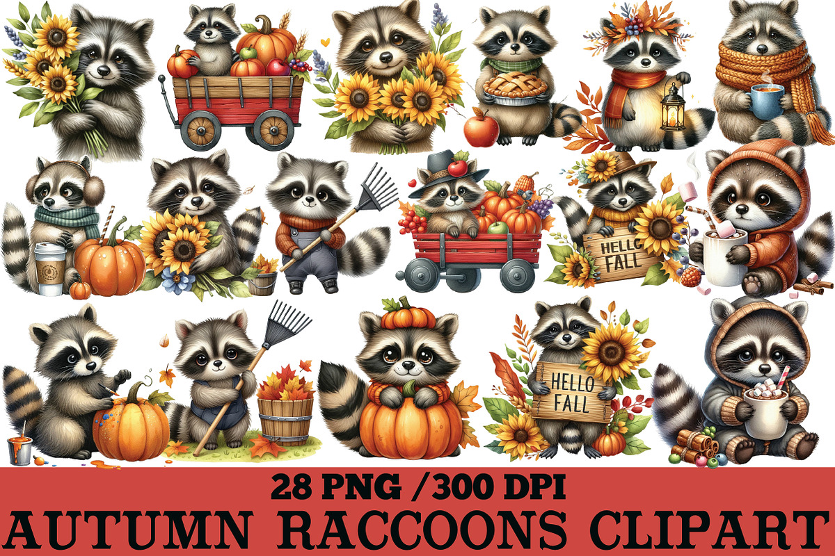 Autumn Raccoons Clipart, an Illustration by DreamArtGraphic (Photo 1 of 5)