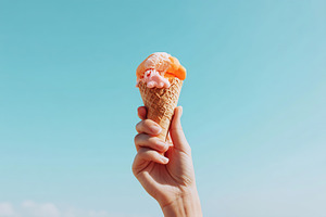Hand holding a melting ice cream cone under a clear blue sky on a sunny day, a Food & Drink Photo by AlyaAnd