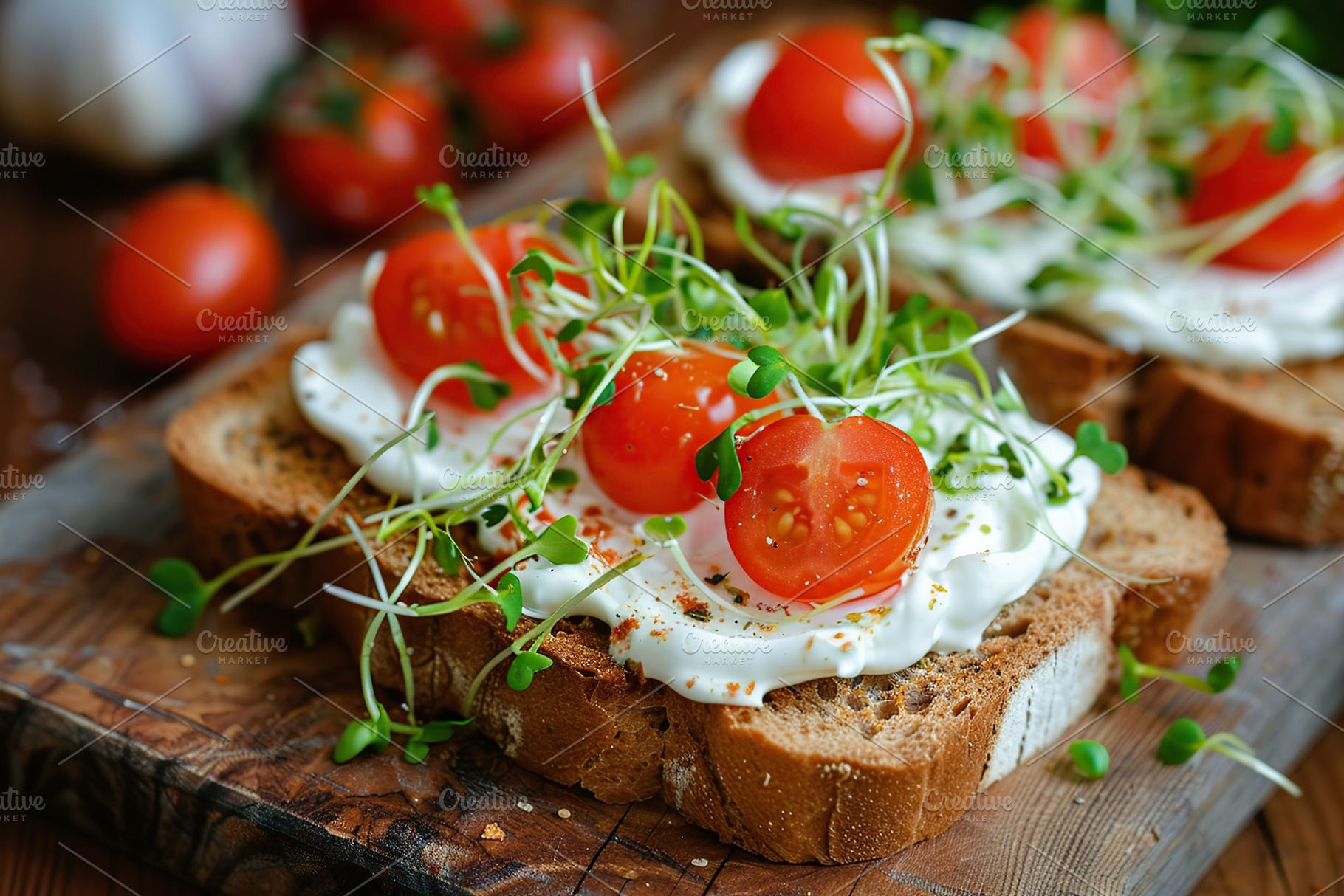Sandwich with cream cheese, microgreens and tomatoes on wooden table, a Food & Drink Photo by AlyaAnd