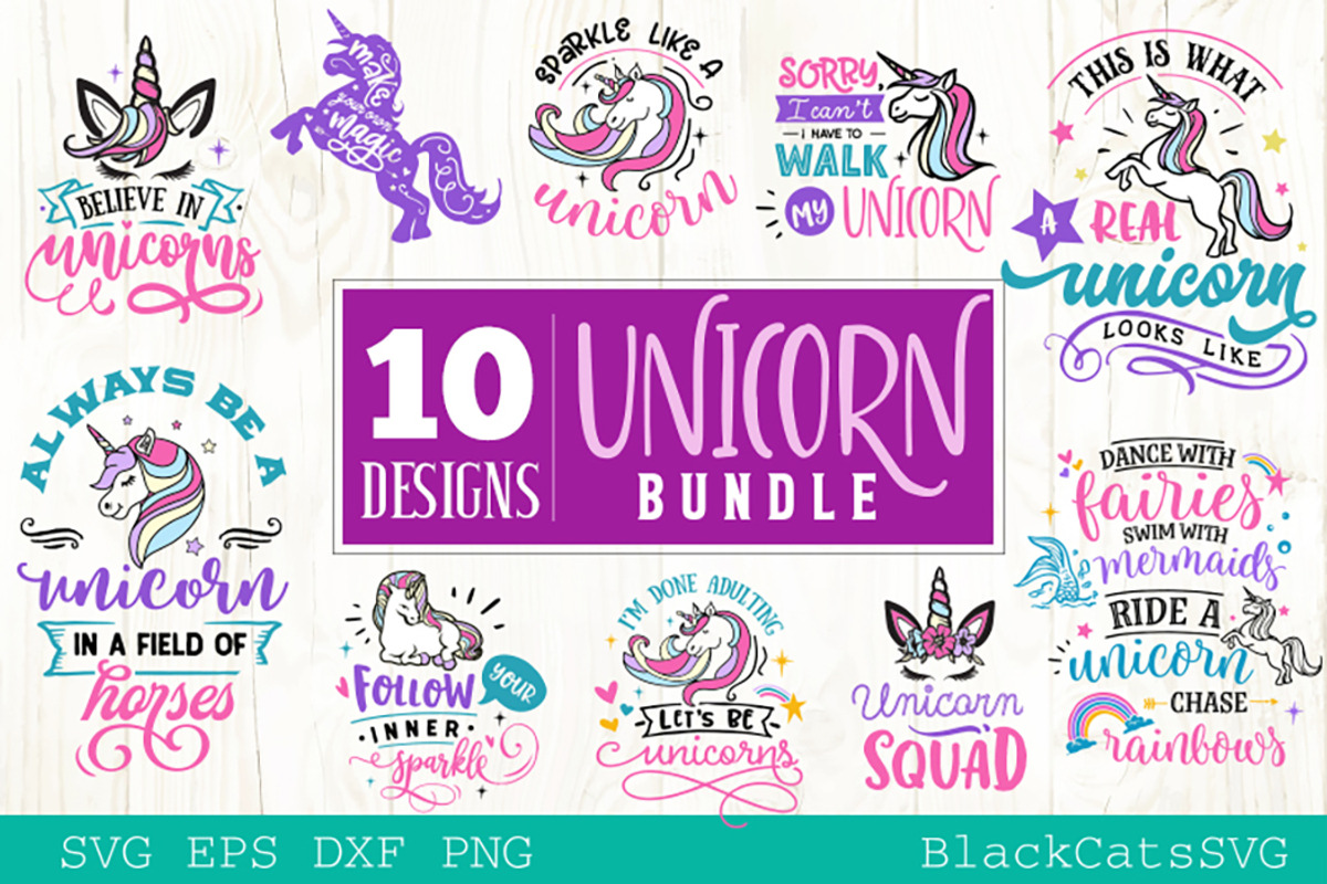 Unicorn SVG bundle 10 designs, an Illustration by BlackCatsMedia (Photo 1 of 2)