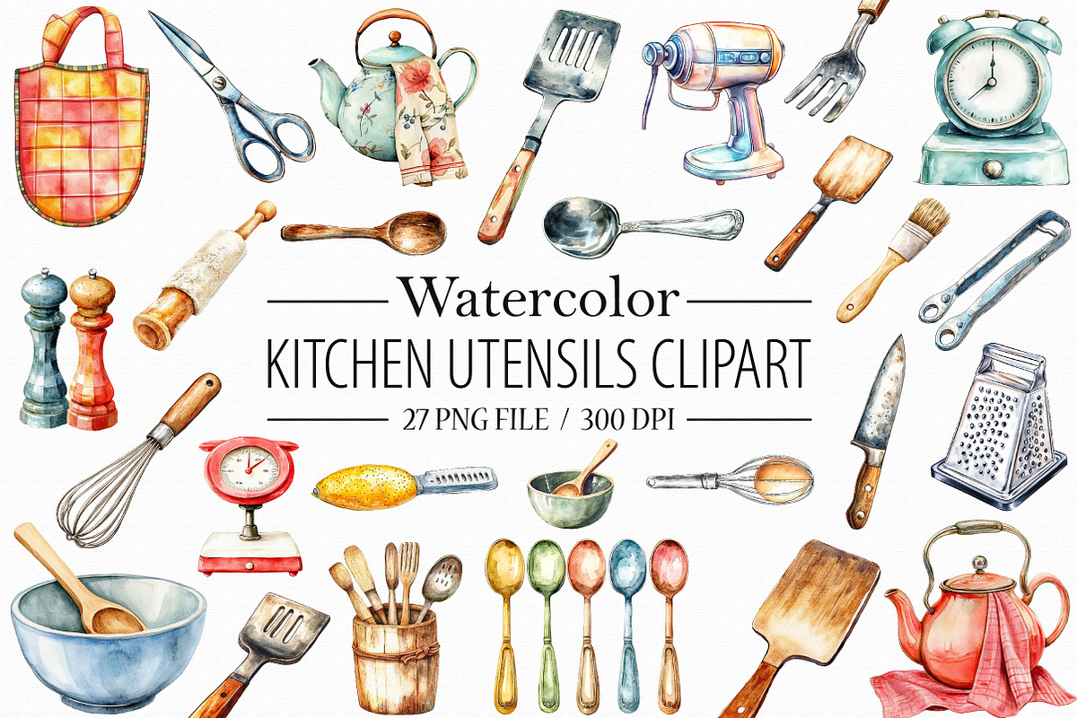 Watercolor Kitchen Utensils Clipart, an Icon by Libby Wishes (Photo 1 of 6)