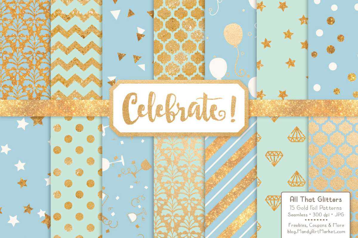 Blue & Mint Gold Foil Digital Papers, a Pattern Graphic by Amanda Ilkov (Photo 1 of 4)