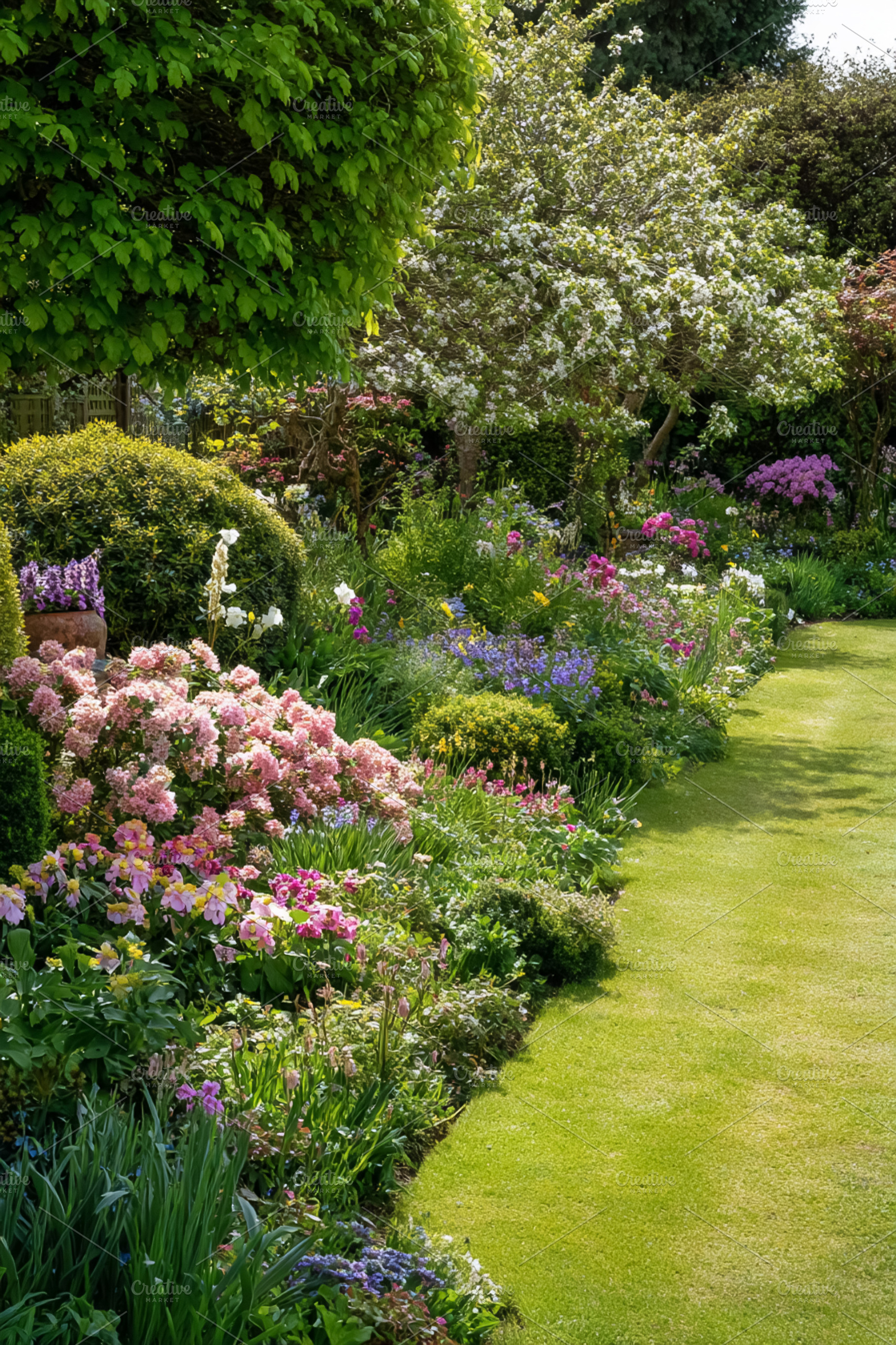 Lush garden border blooming with colorful flowers and green plan, a Photo by Studio ANNA