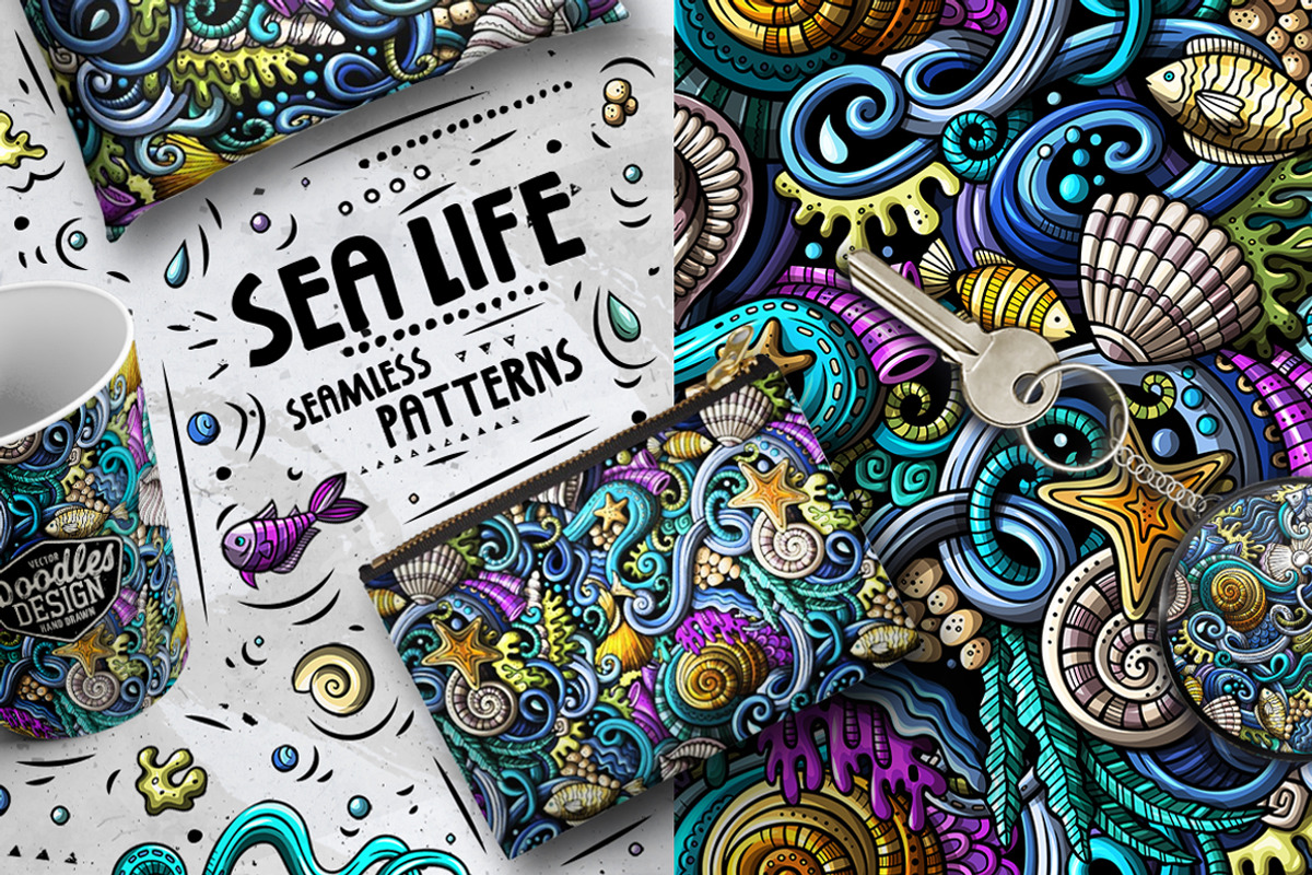 Sea Life Doodle Seamless Patterns, a Pattern Graphic by BALABOLKA (Photo 2 of 8)