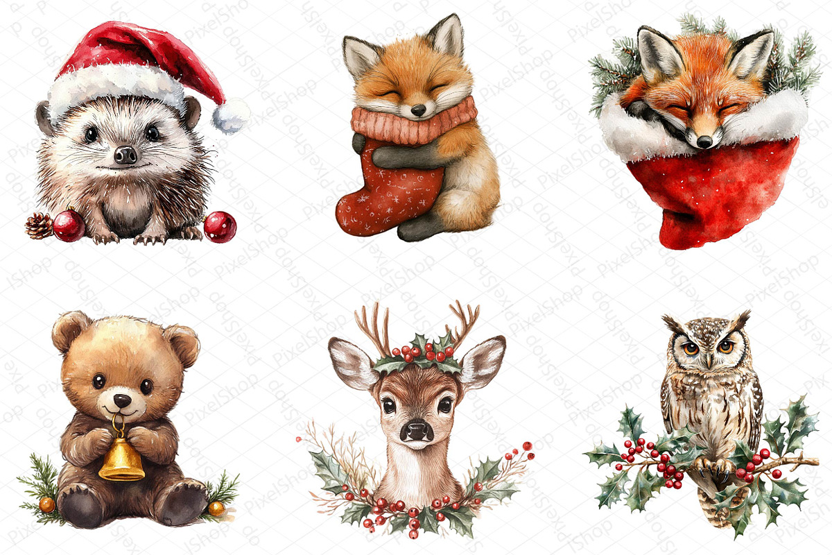 Christmas Animals Watercolor Clipart, an Illustration by DreamPrint404 (Photo 4 of 5)