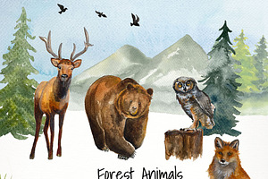 Forest animals watercolor clip art