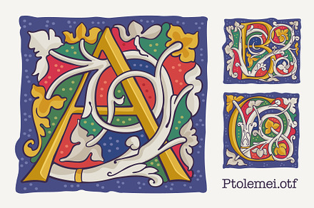 Ptolemei Colored drop caps font, a Blackletter Font by kaer_shop