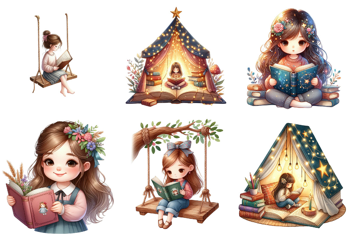 Cute Little Girl Reading Clipart, an Illustration by Pixels.Craft (Photo 8 of 10)