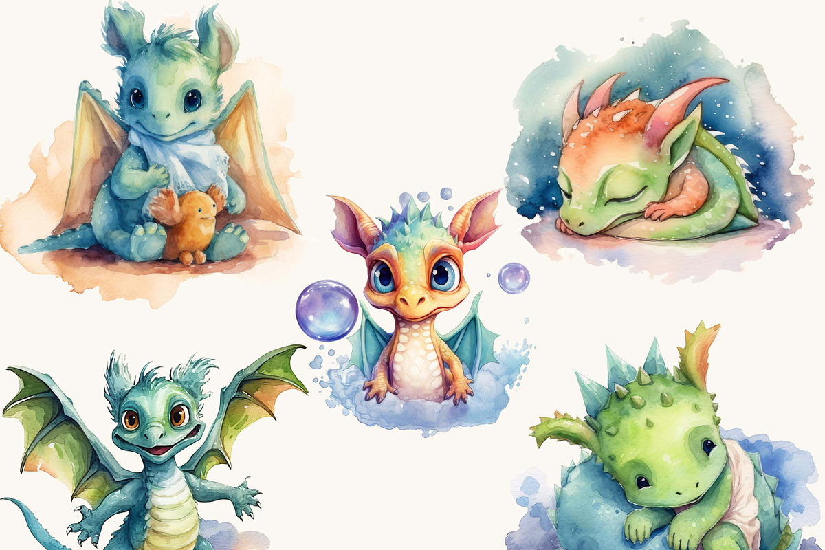 Watercolor Baby Dragon Clipart, an Animal Illustration by BusyDaydesign (Photo 6 of 9)