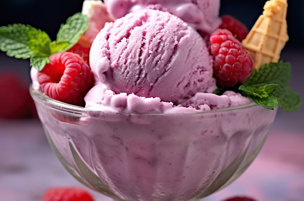 Sweet ice cream balls with berries in bowl. Generative AI, a Food & Drink Photo by AlyaAnd