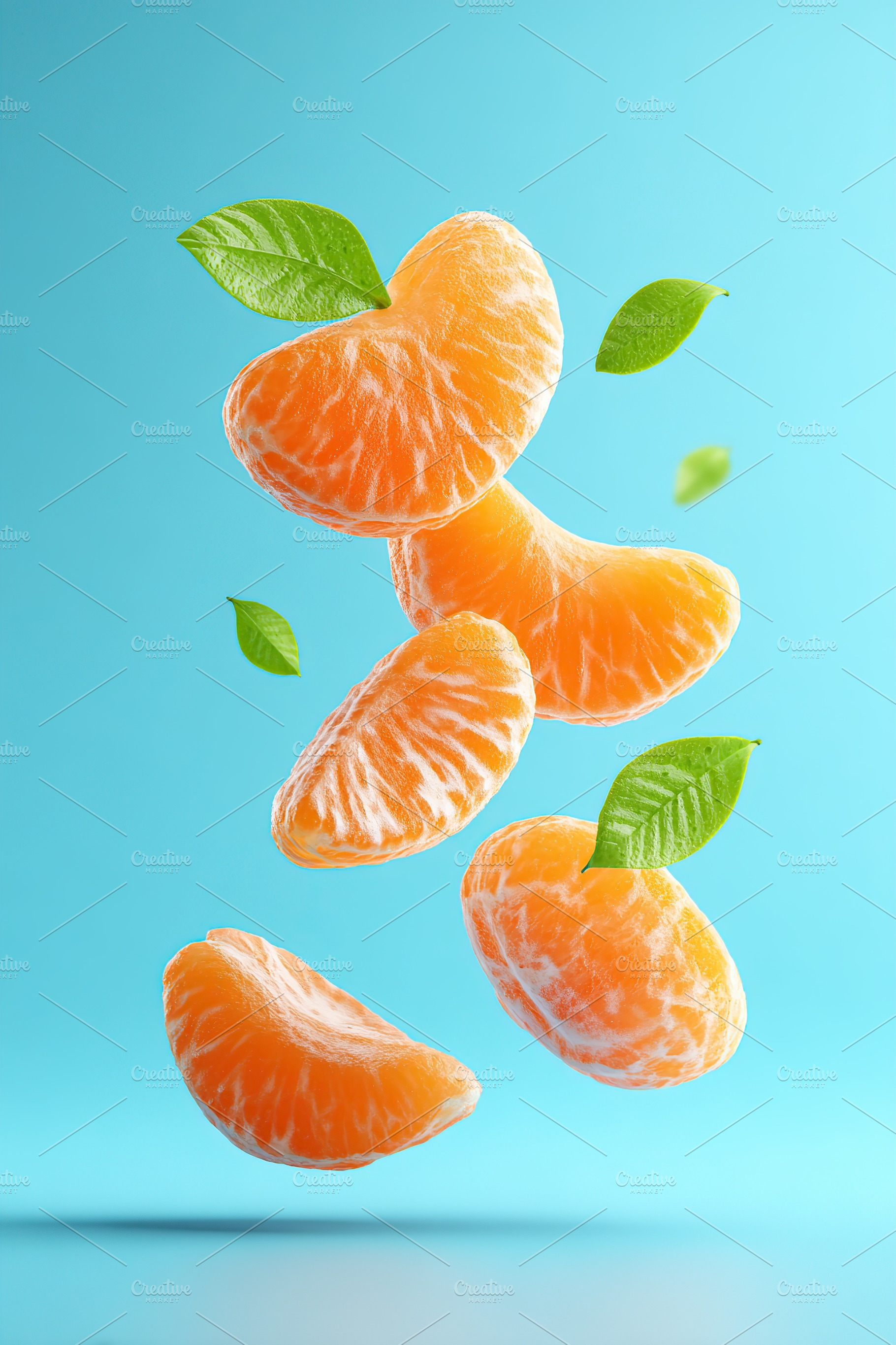 Floating mandarin wedges with vibrant green leaves on a blue background, a Food & Drink Photo by AlyaAnd