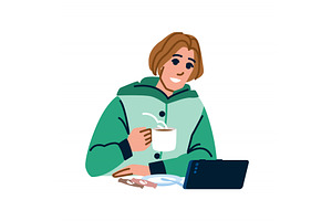 Smiling freelancer enjoying coffee, a Person Illustration by pikepicture