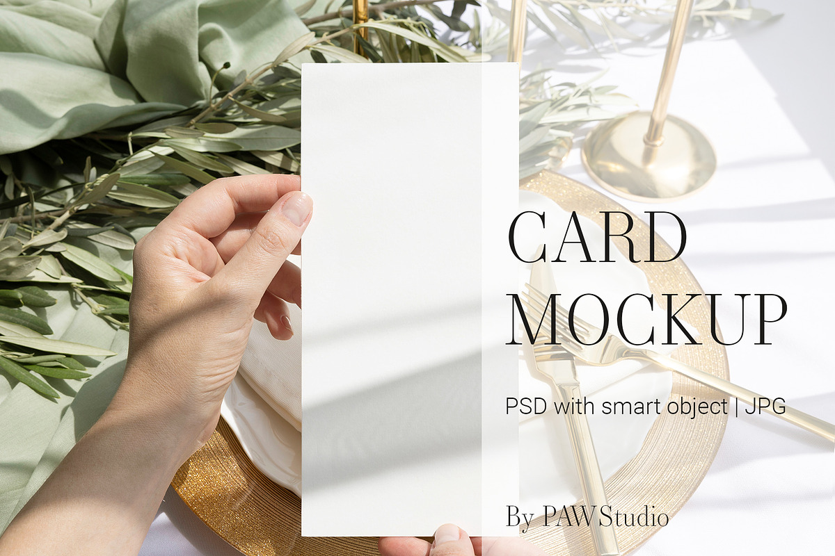 Card Mockup 4x9 Menu In Hand Olive, a Merchandise Mockup by PawMockups (Photo 1 of 9)