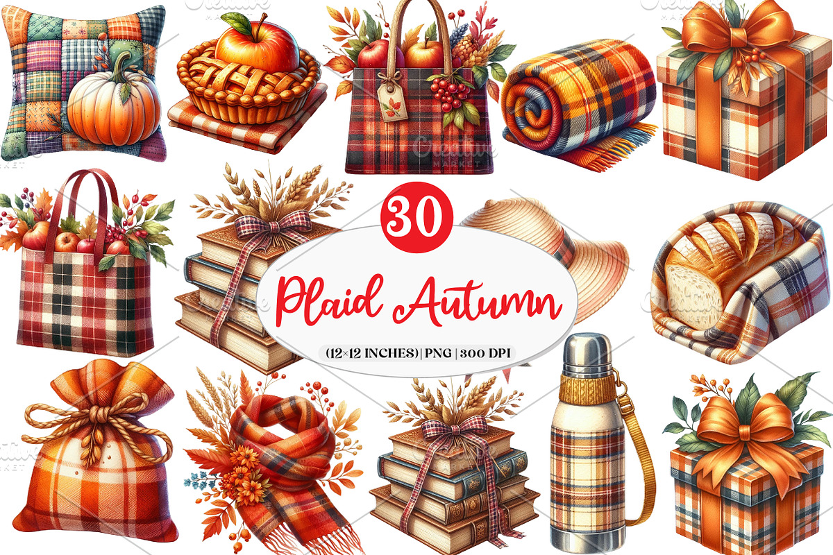 Watercolor Plaid Autumn Clipart, an Illustration by Watercolor design (Photo 1 of 4)