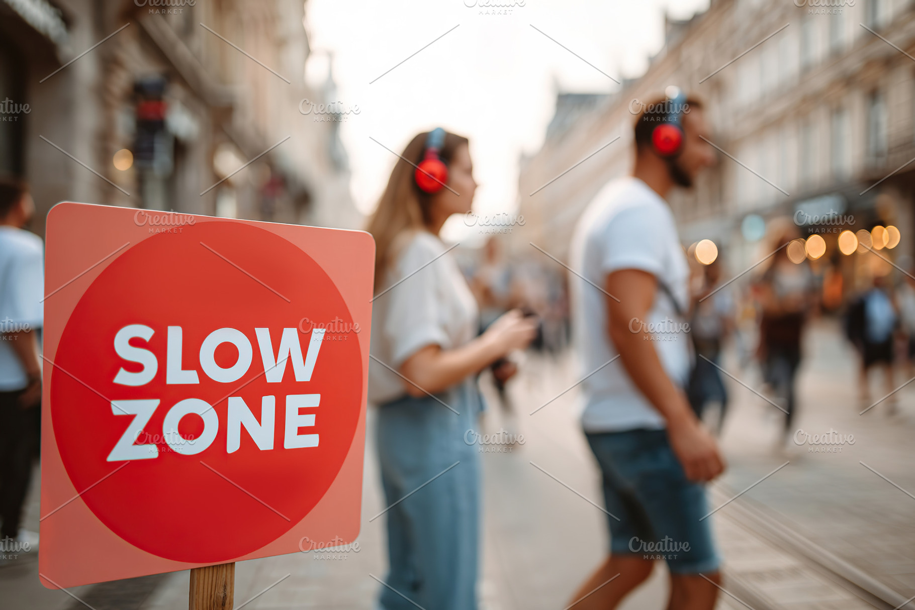 Slow zone sign near pedestrians enjoying a busy street with muted atmosphere in, a Photo by AlyaAnd