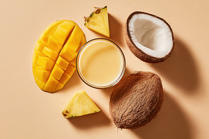 Mango and coconut tropical drink on beige background, a Food & Drink Photo by AlyaAnd