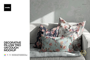 Decorative Pillows on Couch Mockup, a Household Mockup by creatsy5