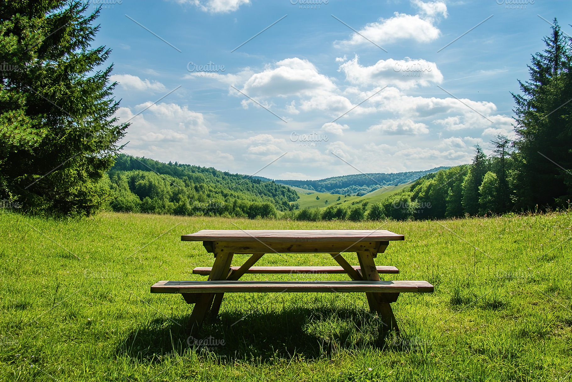 Relaxing picnic table in a serene meadow with lush greenery and rolling hills, a Sports & Recreation Photo by AlyaAnd