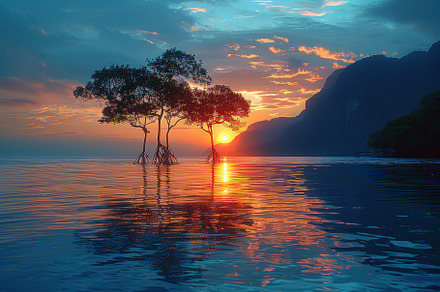 Stunning Sunset Over Serene Ocean with Silhouetted Trees and Dramatic Sky, a Photo by AS photostudio