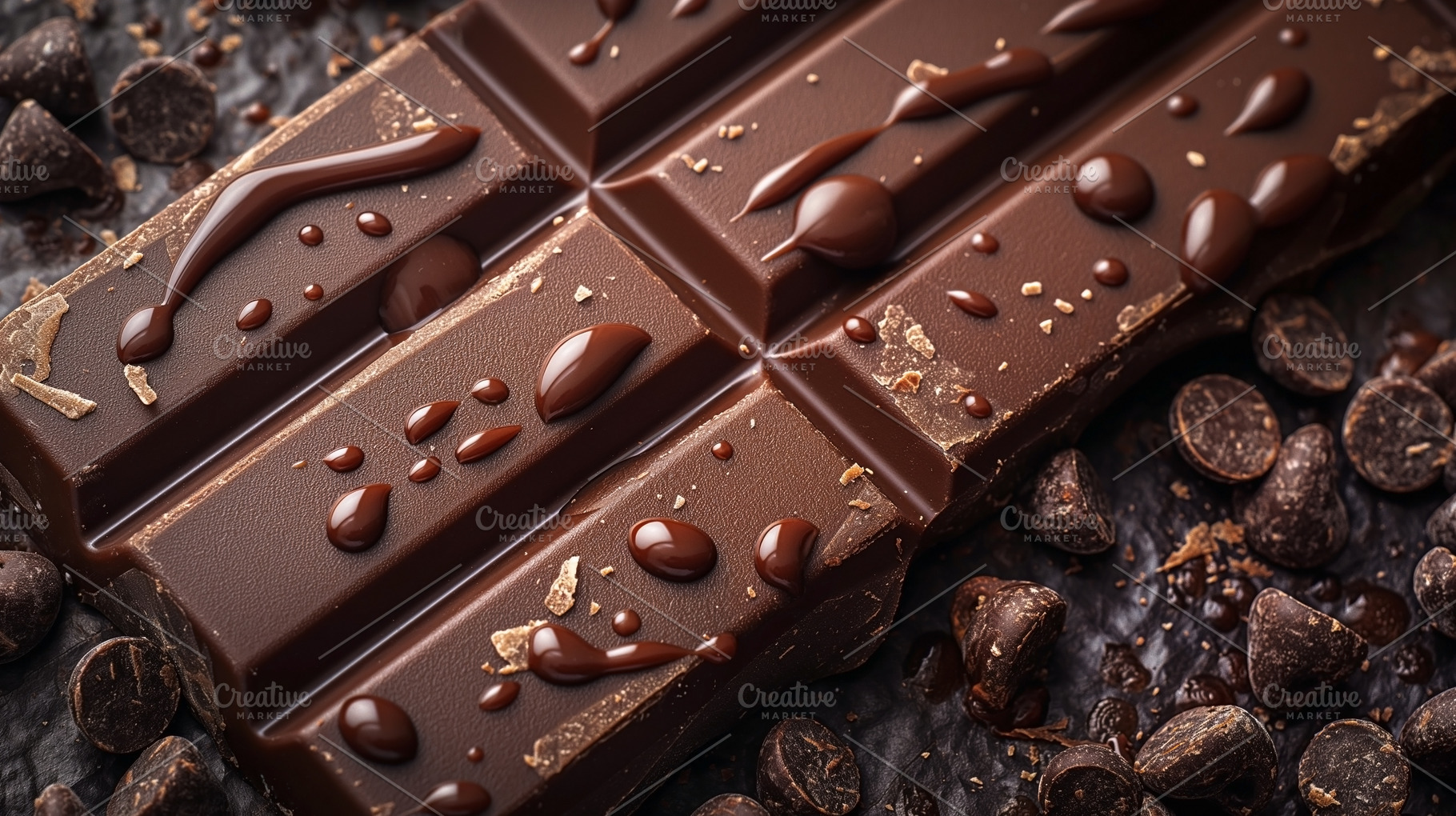 Indulgent dark chocolate with drizzled syrup, set against a back, a Food & Drink Photo by ImageMir