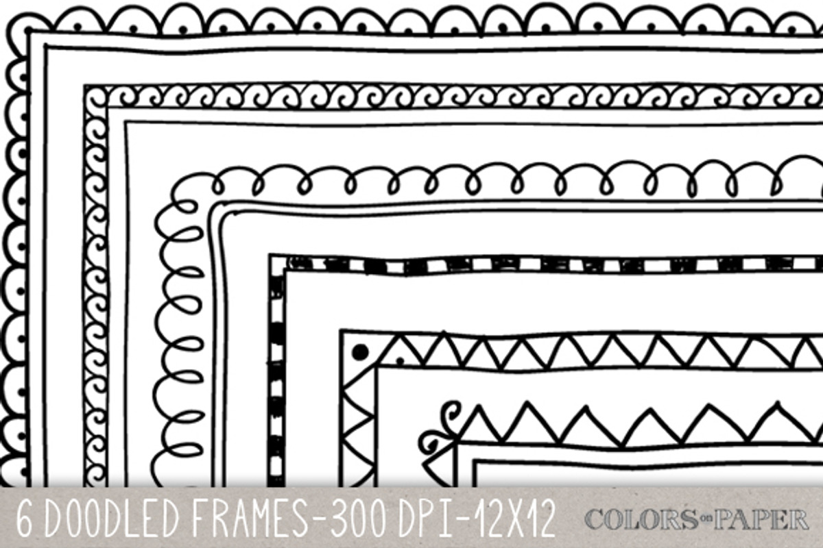 6 Doodle Frames, 12x12 Overlays, an Illustration by Colors on Paper