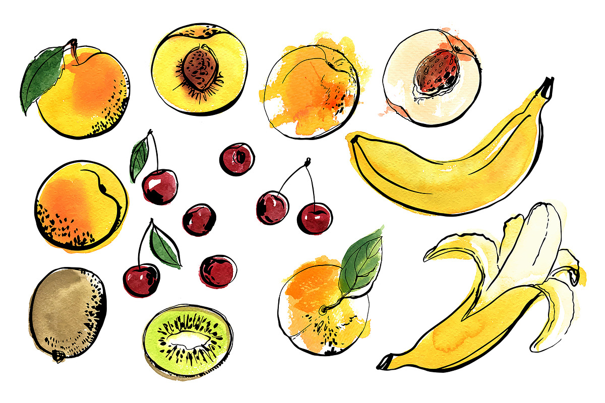 Fruits and berries vector sketch, a Food Illustration by irina.vaneeva (Photo 2 of 11)