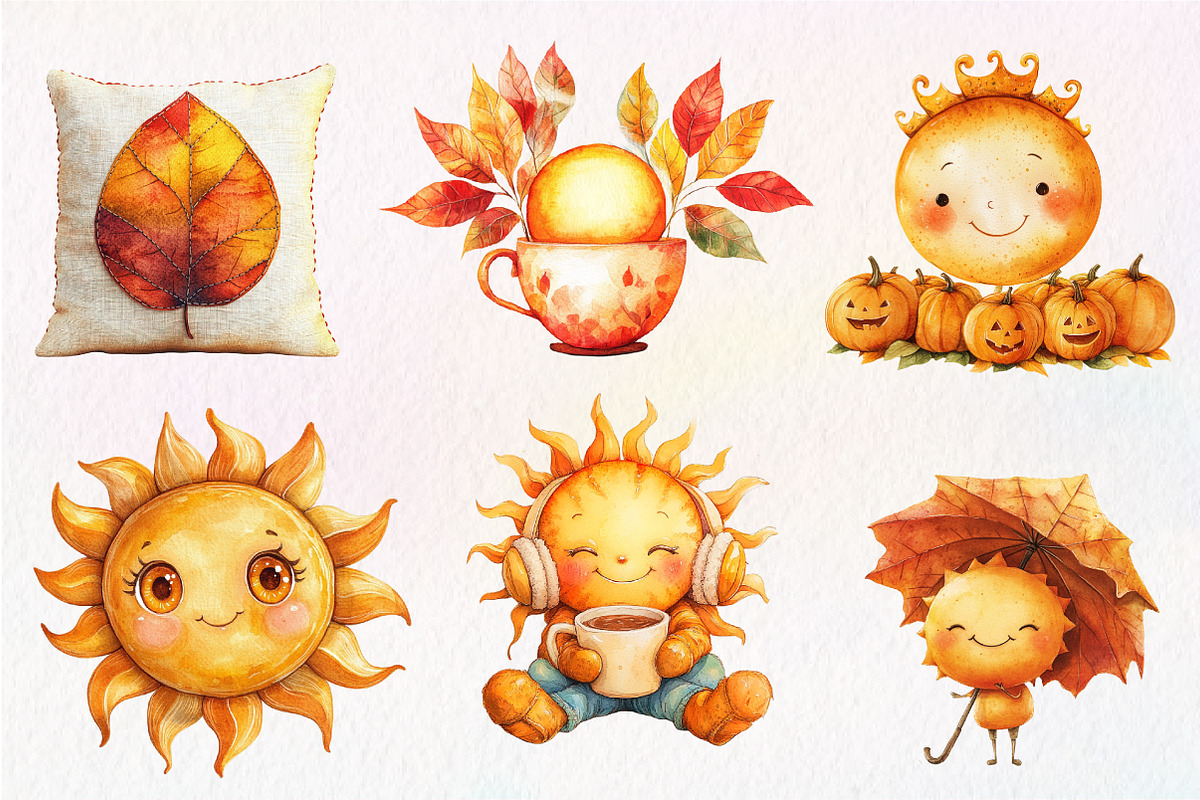 Cute Autumn Sun Clipart, an Illustration by CreationArt (Photo 7 of 9)