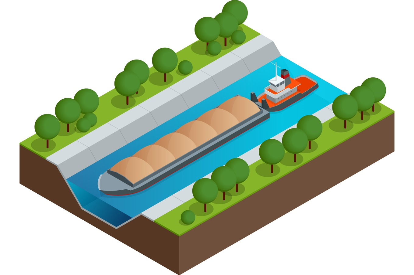 Isometric Barge on a River. Very large ship. Containerized trade ...