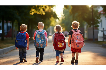 Children with backpacks go to school, a Person Photo by yanadjana