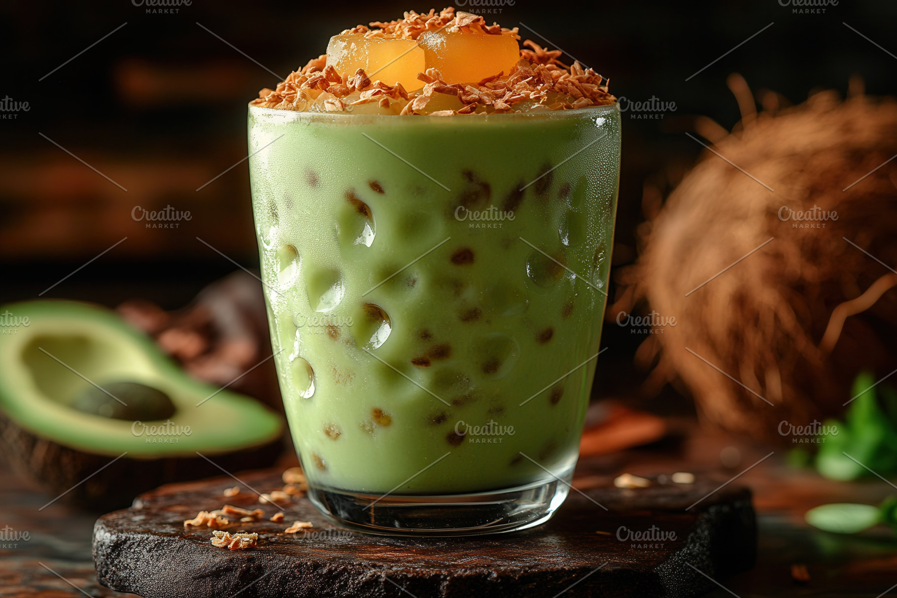Refreshing green dessert drink with, a Photo by Tanuart