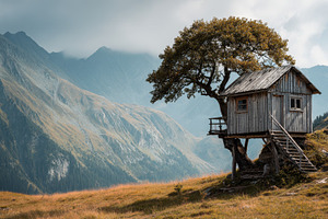 Wooden house perched on tree, a Photo by Pavel_design