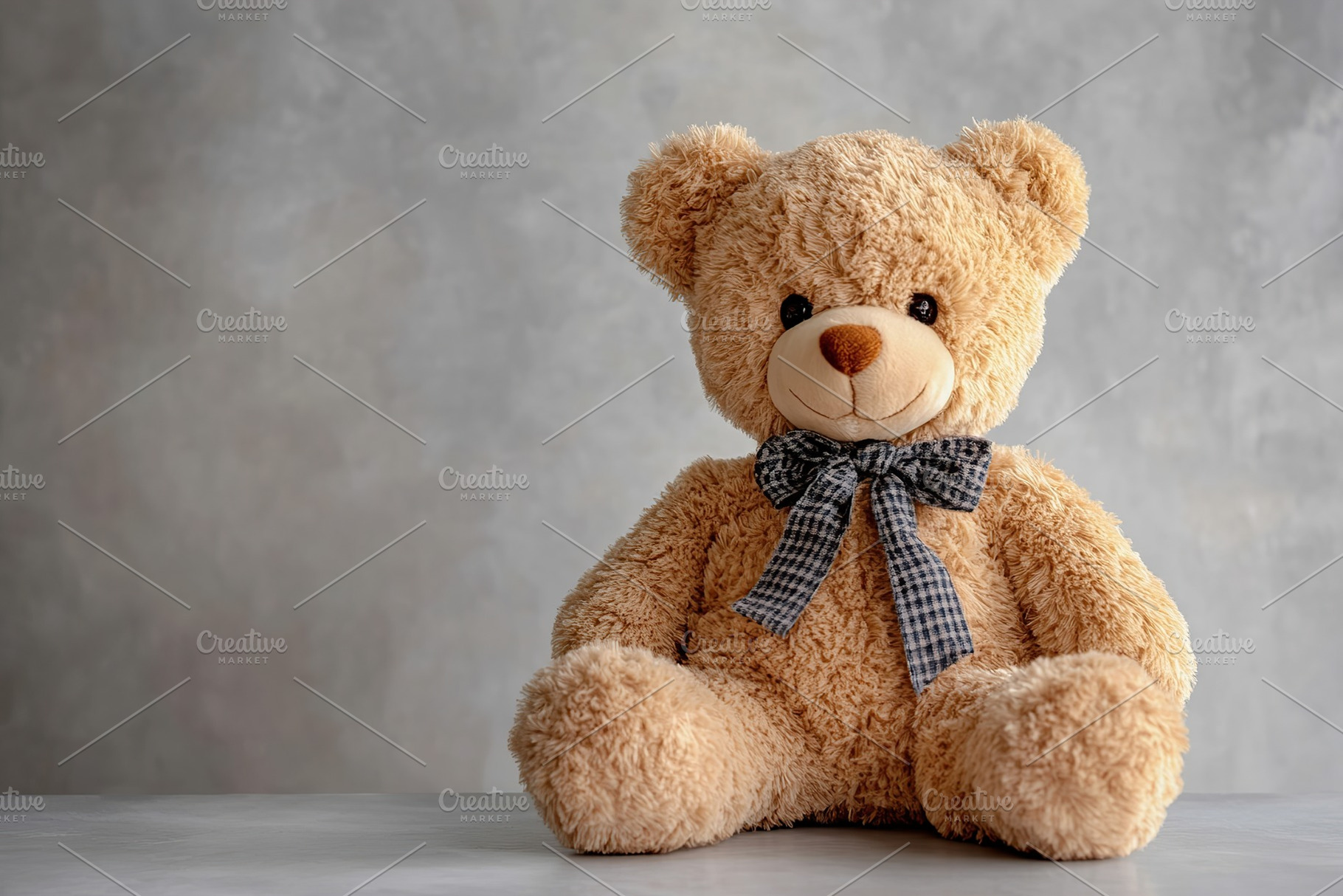 Plush teddy bear seated against a soft pastel grey background with a cute bow, a Beauty & Fashion Photo by AlyaAnd