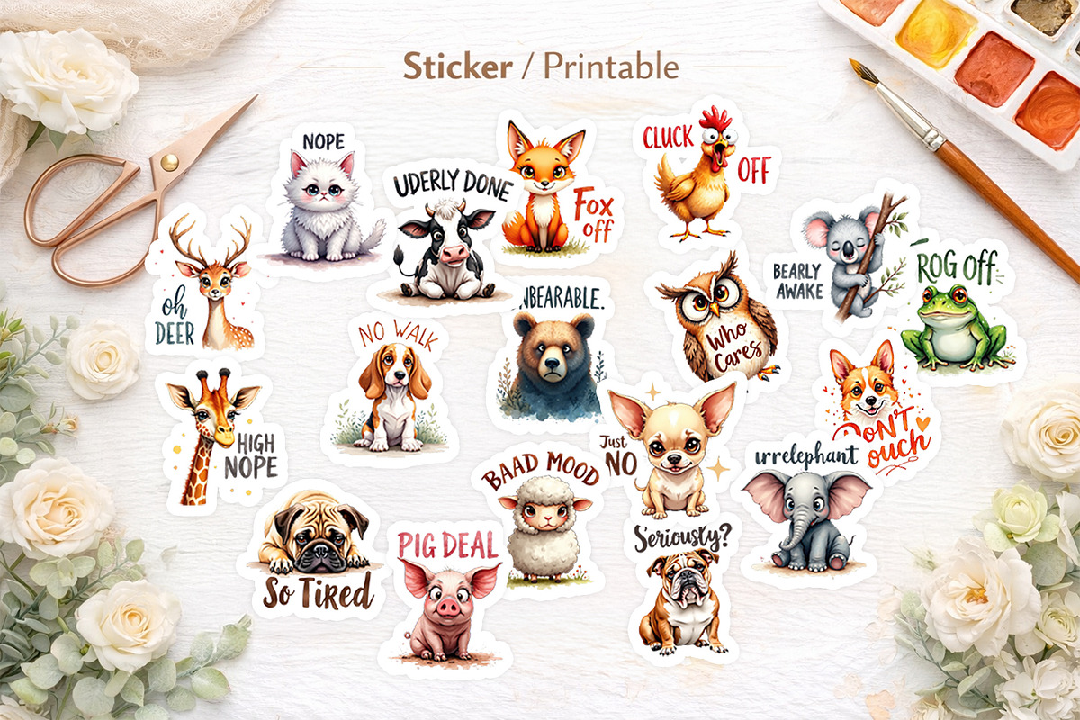 Grumpy Animal Watercolor Pun Clipart, an Illustration by Artnoy (Photo 7 of 8)
