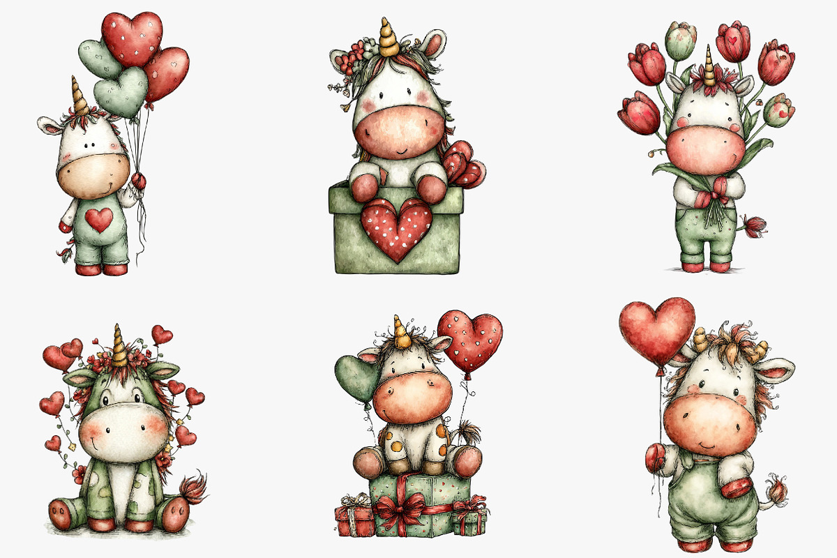 Whimsical Valentine Unicorn Clipart, an Illustration by CreationArt (Photo 5 of 5)
