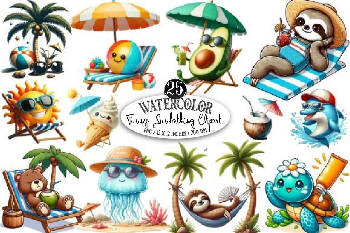 Funny Sunbathing  Clipart Bundle, an Illustration by Designking (Photo 1 of 3)