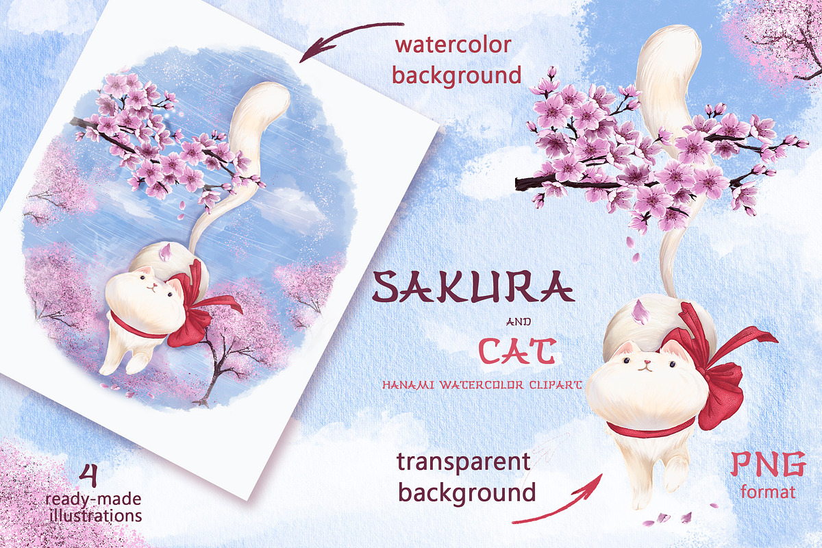 Sakura and Cat. Hanami watercolor, an Illustration by Maycat_store (Photo 5 of 11)