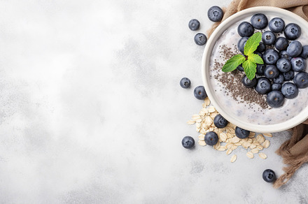 Chia pudding with blueberry and granola in bowl on grey background, a Food & Drink Photo by AlyaAnd