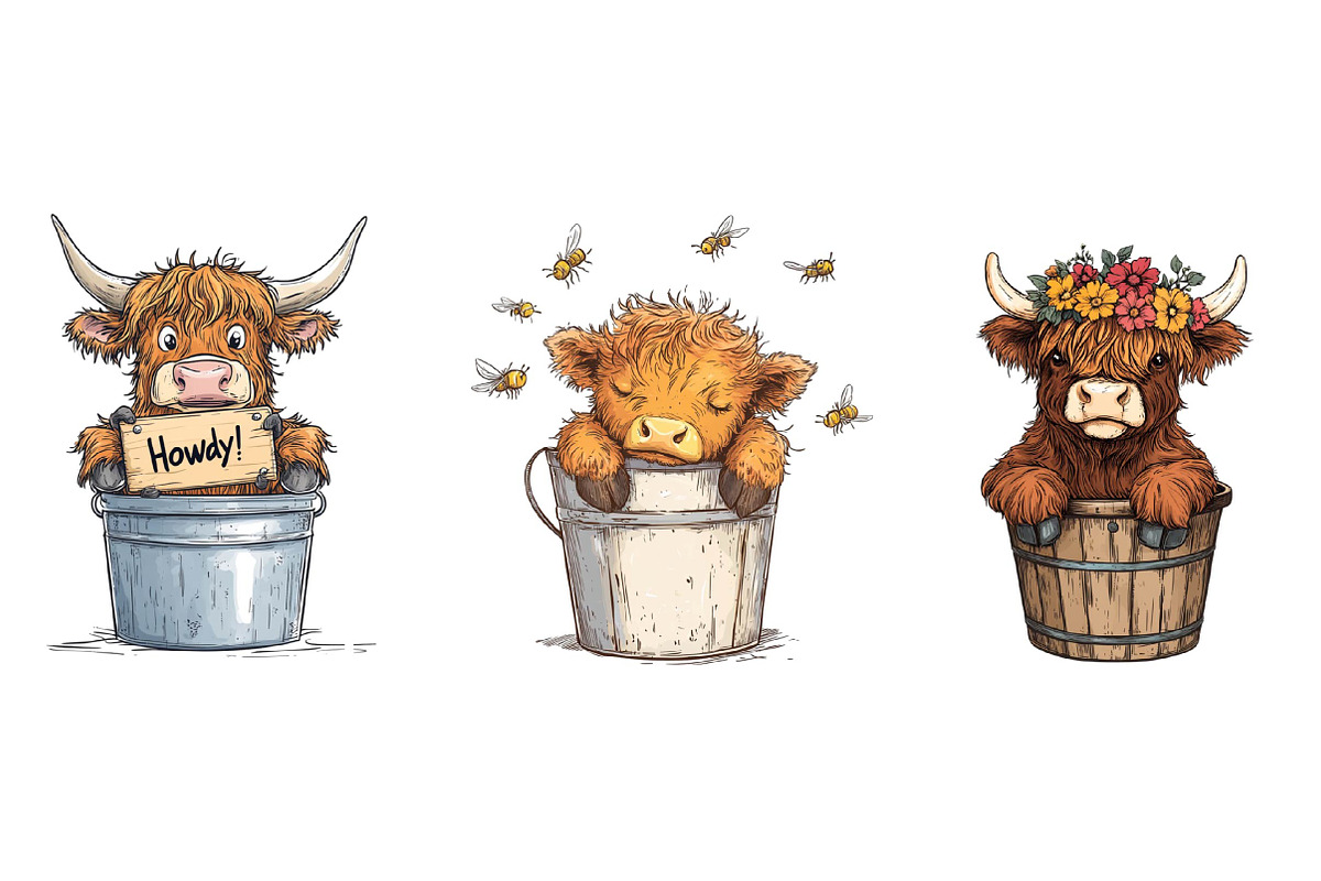 Cute Highland Cow in a Bucket Clipar, an Illustration by CreationArt (Photo 7 of 7)