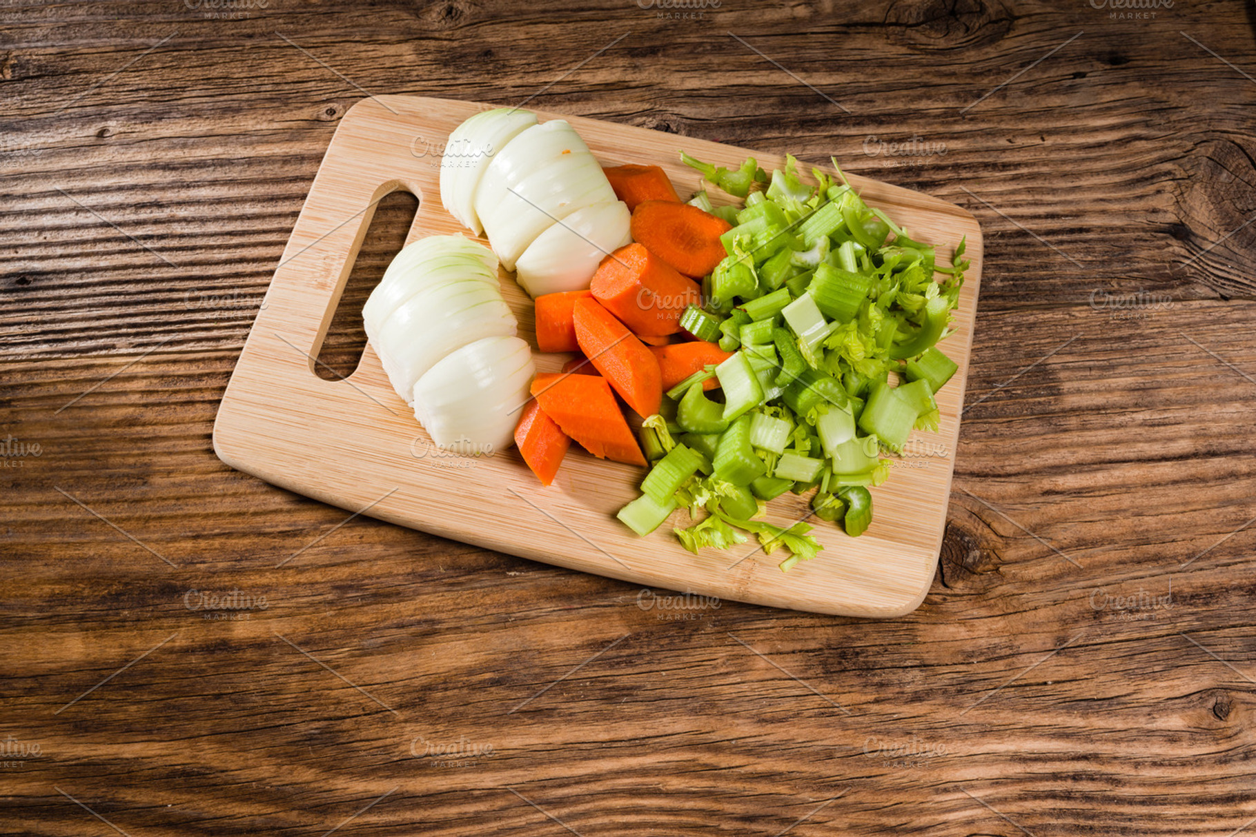 Vegetable mirepoix on a cutting board stock photo containing carrots and food, a Food & Drink Photo by Zigzag Mountain Art