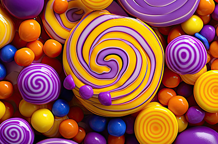 Pile of colorfoul vibrant purple and orange candies background, a Food & Drink Photo by zakiroff
