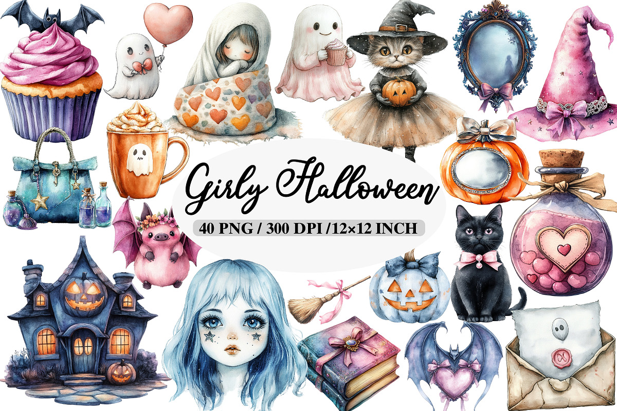 Watercolor Girly Halloween Clipart, an Illustration by Daily.Designs (Photo 1 of 5)