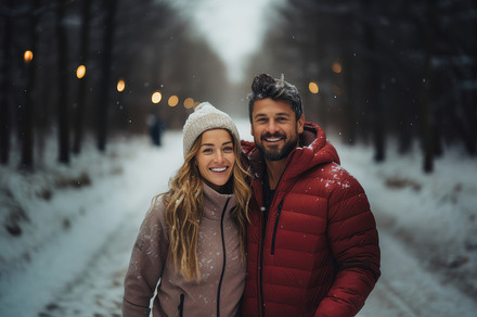 Smiling Couple Enjoying a Romantic Winter Walk in Snowy Forest, a Photo by AS photostudio