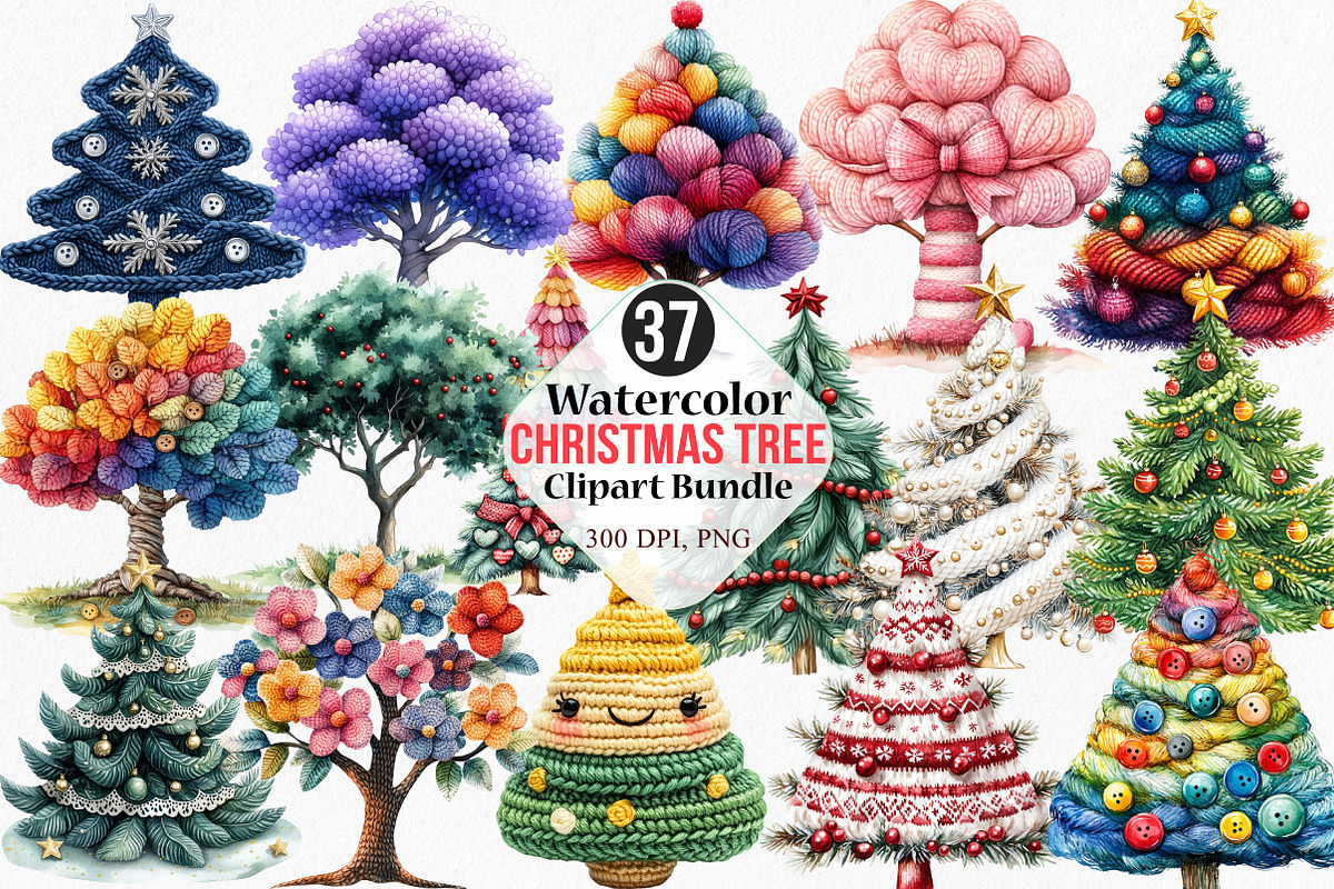 Watercolor Christmas Tree Clipart, an Illustration by Canvas Craft (Photo 1 of 8)