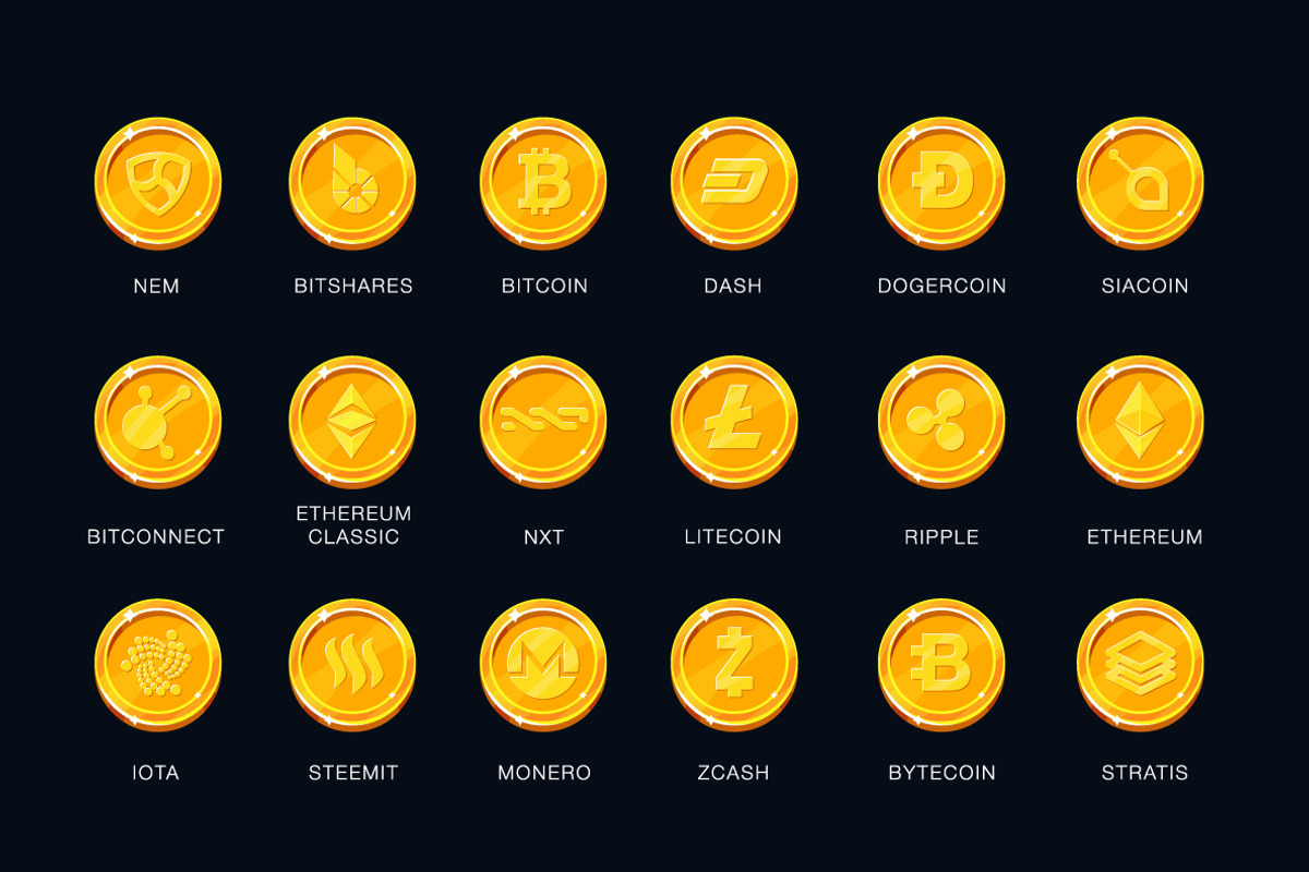 Set of cryptocurrency coins., an Outline Icon by A|B