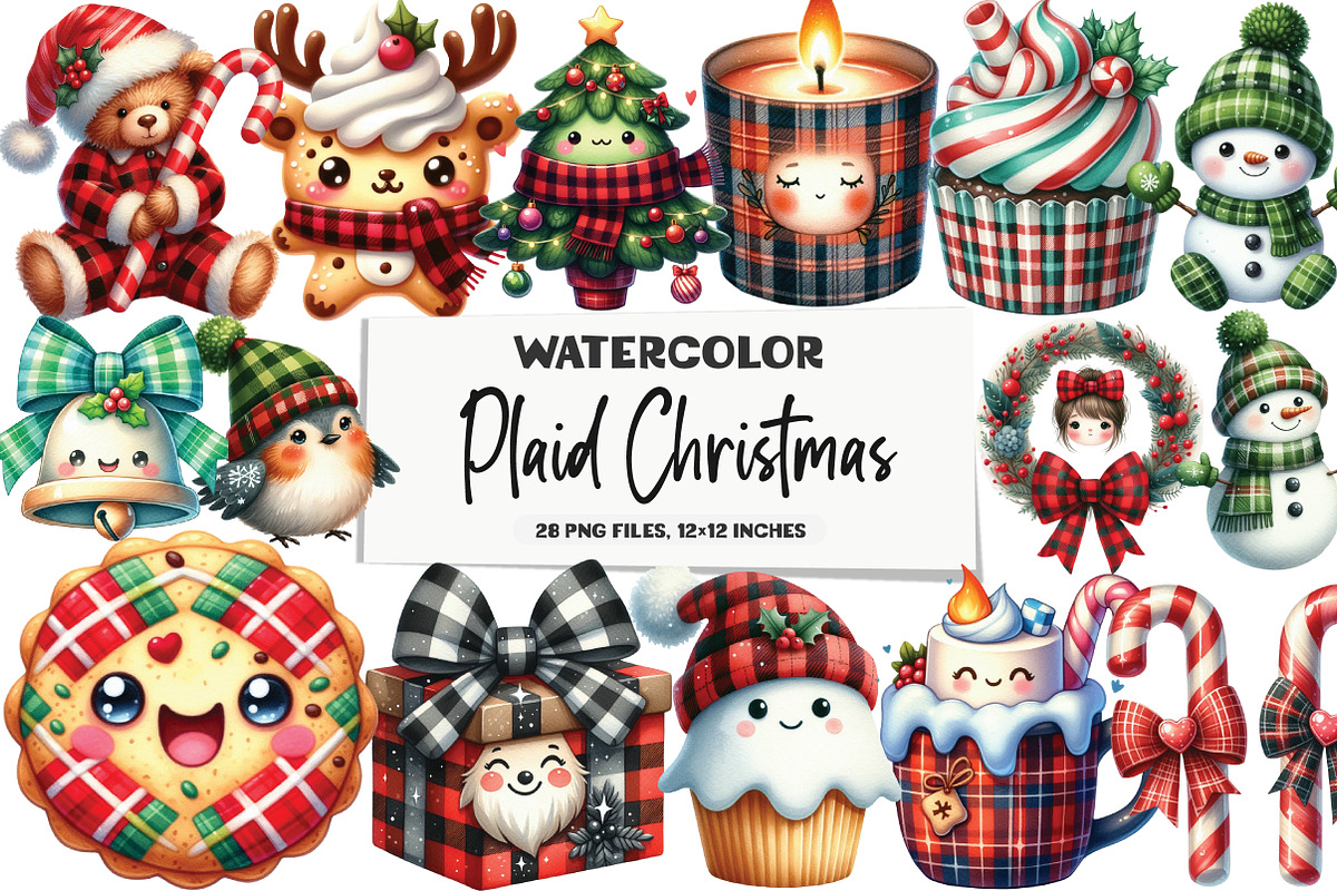 Kawaii Plaid Christmas Clipart, an Illustration by DreamArtGraphic (Photo 1 of 4)